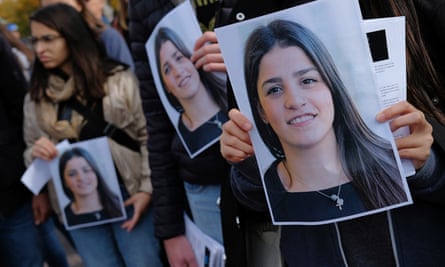 Students from Bard College hold up a photograph of their classmate Sarah Mardini, during a demonstration in 2018.