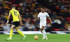 Watford’s Craig Cathcart attempts to deal with the danger posed by Raheem Sterling.