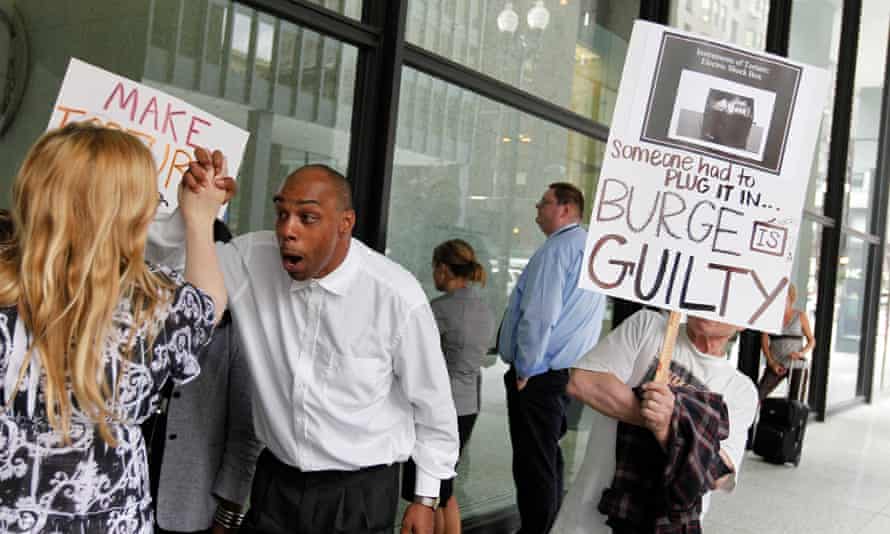 Celebrations outside a courthouse in Chicago after Jon Burge was convicted of perjury and obstruction of justice in 2010.