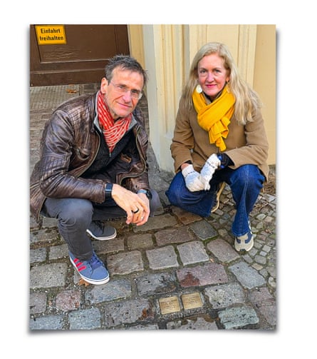 Cole and her husband Hilmar with the Stolpersteine memorials outside their home