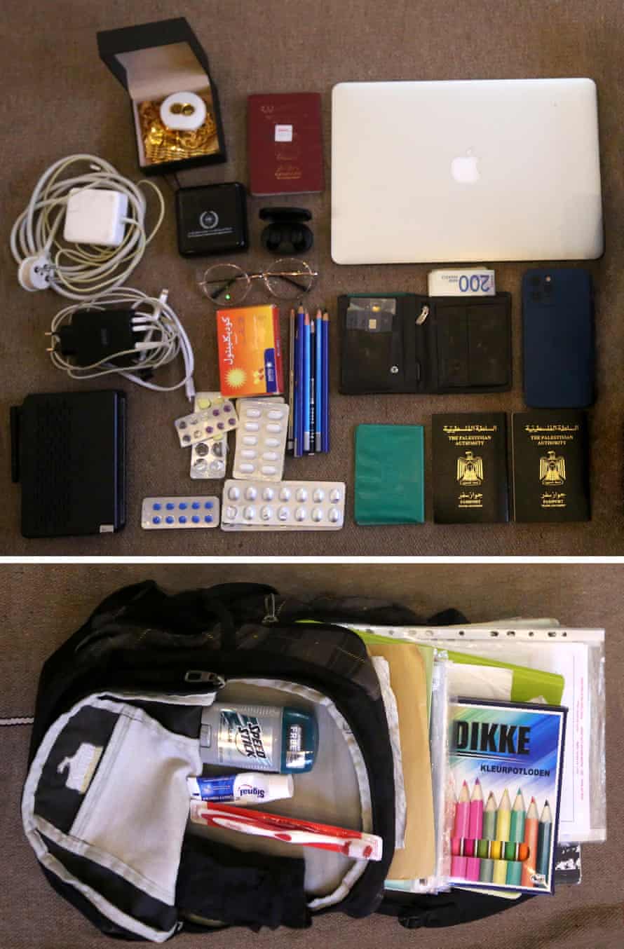Younis frequently reviews the contents of his two suitcases, replacing out-of-date medicine, or adding a new certificate. His wife has packed her jewellery into the bags, and he has included some painting materials and his old diaries.
