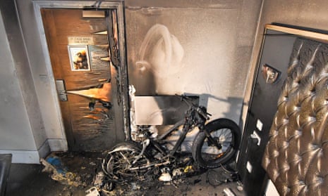 Remains of an electric bike that caught fire while on charge in a hotel room in Liverpool