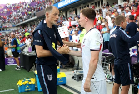 Thomas Tuchel shakes hands with Elliot Anderson at the end of the friendly between England and Costa Rica.