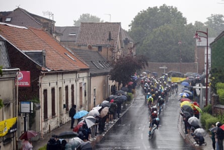 A wet Tour de France peloton during stage two