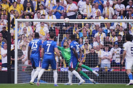 Robert Sánchez stops a shot from Leeds’ Anton Stach