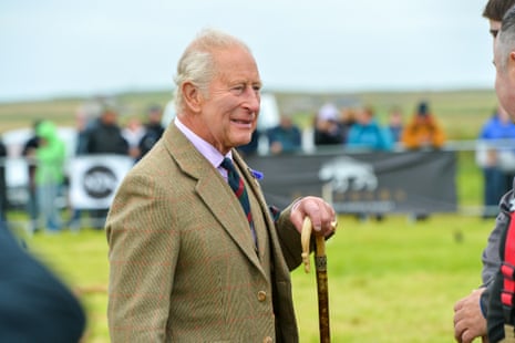 King Charles III in traditional Highland dress meets the Wounded Highlanders army veterans team during the 2026 Mey Highland Games in traditional Highland dress at John O'Groats Showground on August 01, 2026 in John O'Groats, Scotland.