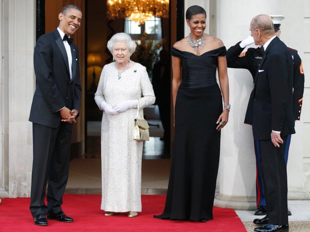 Barack and Michelle Obama welcome Queen Elizabeth II and Prince Philip for a reciprocal dinner at Winfield House in London, 2011.