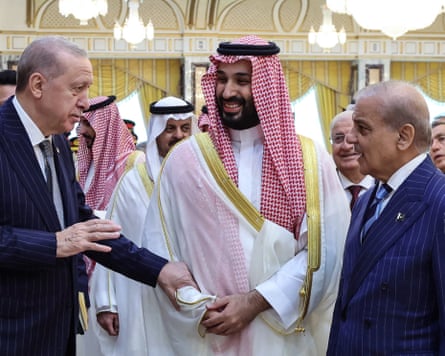 Turkey’s Recep Tayyip Erdoğan, left, with Saudi Arabia’s Prince Mohammed bin Salman, centre, and Pakistan’s Shehbaz Sharif on Friday.