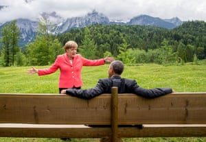 Merkel and Barack Obama in the Wetterstein mountains during a G7 meeting at Elmau Castle, southern Germany, in 2015