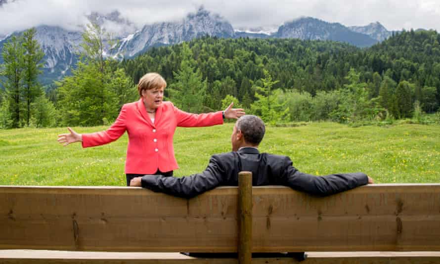Angela Merkel talks to Barack Obama during a G7 meeting at Elmau Castle in Elmau, Germany.