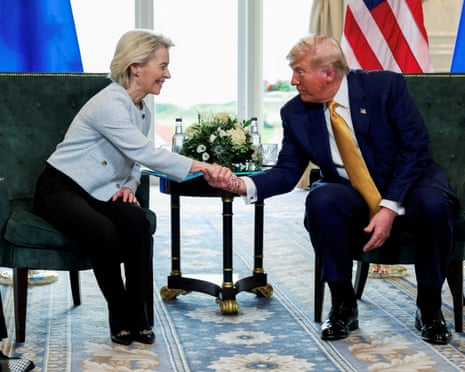 US president Donald Trump shakes hands with European Commission president Ursula von der Leyen, in Turnberry, Scotland, Britain.