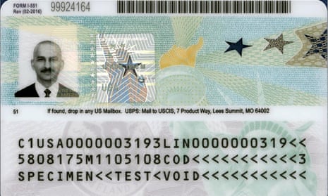 This undated image from the US Citizenship and Immigration Service shows the back of a sample “green card,” formally known as a Permanent Resident Card.
