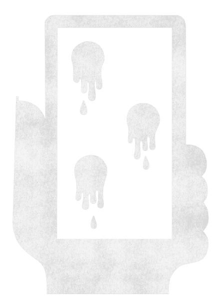 A single color illustration of a hand holding a mobile phone, its screen covered with three dripping blobs.