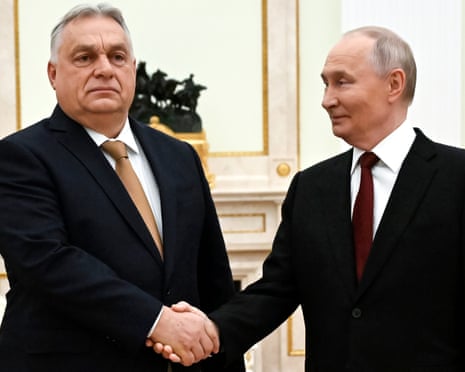 Russian president Vladimir Putin, right, and Hungarian prime minister Viktor Orbán shake hands during their meeting at the Senate Palace of the Kremlin in Moscow, Russia last month.