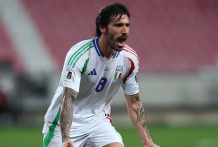 Sandro Tonali of Italy celebrates his winner in the nine-goal thriller with Israel.