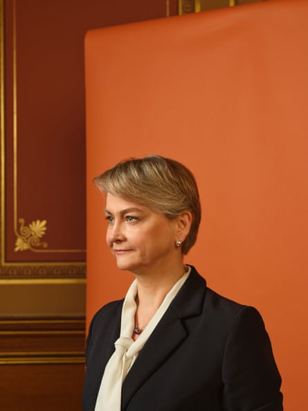 Side profile of Yvette Cooper at the Foreign Office in front of a backdrop