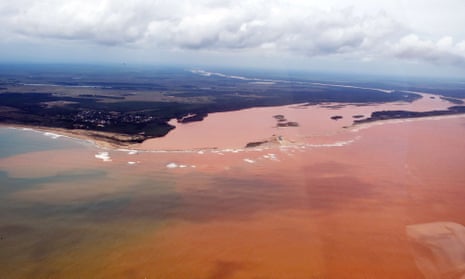 An aerial view of the Doce River, which was flooded with toxic mud after a dam owned by Brazilian Vale SA and Australian BHP Billiton Ltd burst early this month, flowing into the Atlantic Ocean.