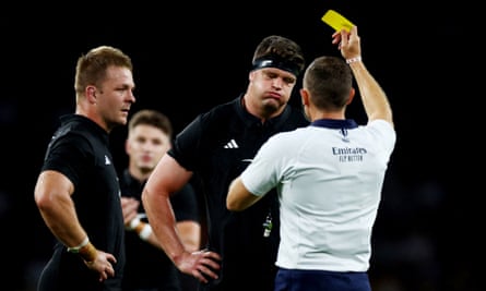 New Zealand’s Scott Barrett looks disappointed after being shown a second yellow card against South Africa at Twickenham.