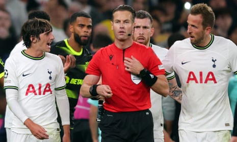 Spurs’ Harry Kane (left) and Bryan Gil remonstrate with feferee Danny Makkelie after VAR disallowed Kane’s stoppage time goal. 