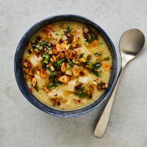 Yotam Ottolenghi’s celeriac, garlic and rice soup with lemon salsa.