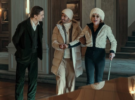 Lucas Englander, Ara Aydin and Christine Baranski in Nine Perfect Strangers.