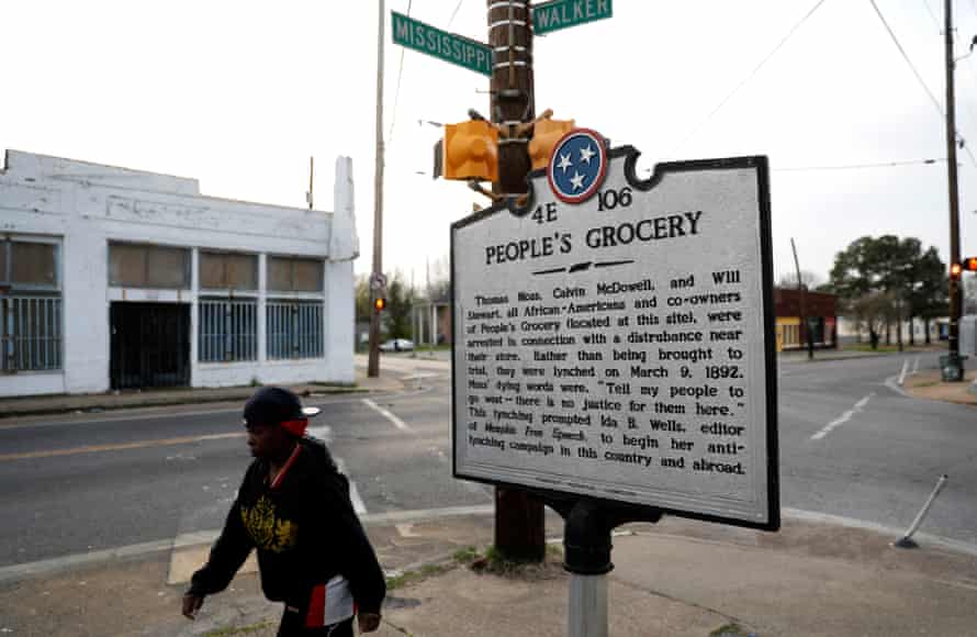 A marker on a street corner in the Soulsville neighbourhood marks the spot of the People's Grocery lynching of African-American proprietors Thomas Moss, Calvin McDowell and Will Stewart in 1892.