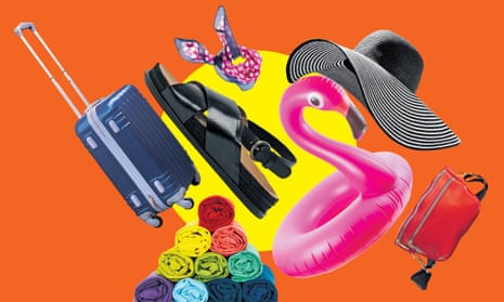 Wheelie case, rolled up clothes, scarf, sandals, sunhat, pouch bag and inflatable flamingo