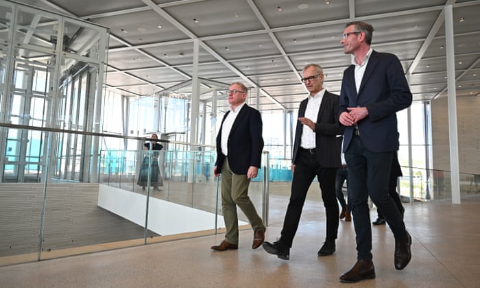 NSW premier Dominic Perrottet and minister for the arts Ben Franklin tour construction works at the Art Gallery of NSW in Sydney.