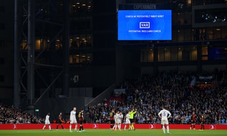 LED panel shows a possible red card check against Sergio Gomez of Manchester City during the UEFA Champions League Group G match between FC Copenhagen and Manchester City