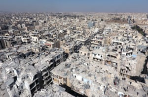 An aerial view of the buildings destroyed by the Assad regime forces and Russian army in the Tariq al-Bab neighbourhood