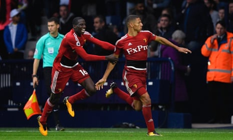 Richarlison celebrates his goal against West Brom with his Watford team-mate Abdoulaye Doucouré.