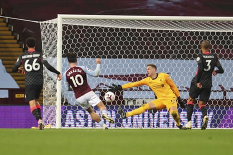 Aston Villa’s Jack Grealish scores his side’s seventh goal.