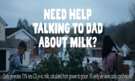 An advert with the slogan 'need help taking to dad about milk' by oat drink company Oatly which has been banned for making misleading environmental claims.
