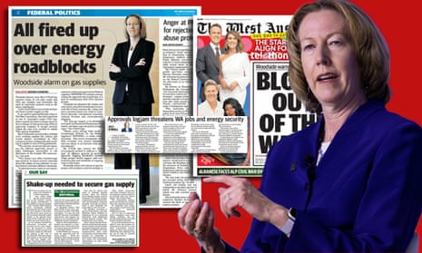 Composite of Woodside CEO Meg O'Neill and a number of articles in the West Australian
