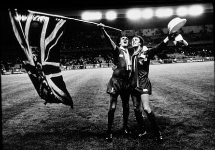 Phil Thompson and Phil Neal of Liverpool celebrate winning the European Cup in Paris in 1981 against Madrid. (the white bowler is the symbol of Madrid.)