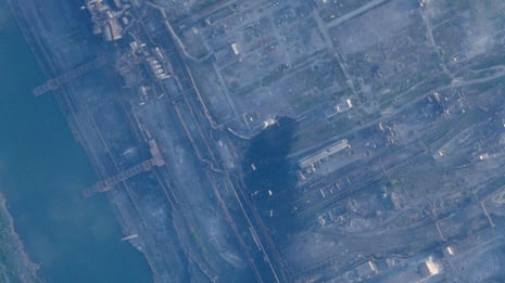 This satellite image taken by Planet Labs PBC shows smoke rising at the Azovstal steelworks after Russian forces began storming the bombed-out steel mill.