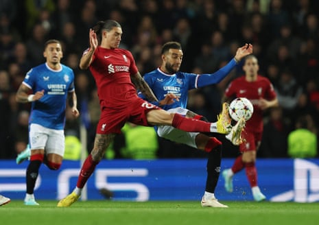 Darwin Nunez fouls Connor Goldson.