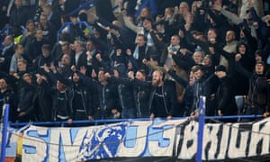 Malmo Ultras cheer their team.