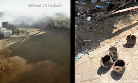 Photos of munition collected from the site by the Palestinian Center for Human Rights show the remains of cylindrical canisters about 15cm in width.