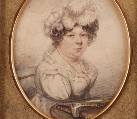 Self-portrait showing her paintbrush attached to shoulder of her dress