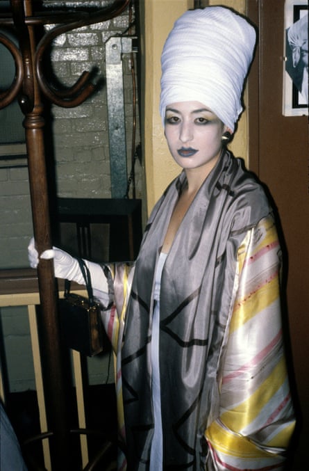Lesley Chilkes wearing an ensemble by David Holah at the Blitz, about 1979