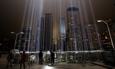 Workers adjust beams of the Tribute in Lights ahead of the tenth anniversary of the September 11 terrorist attacks on 7 September 2011.