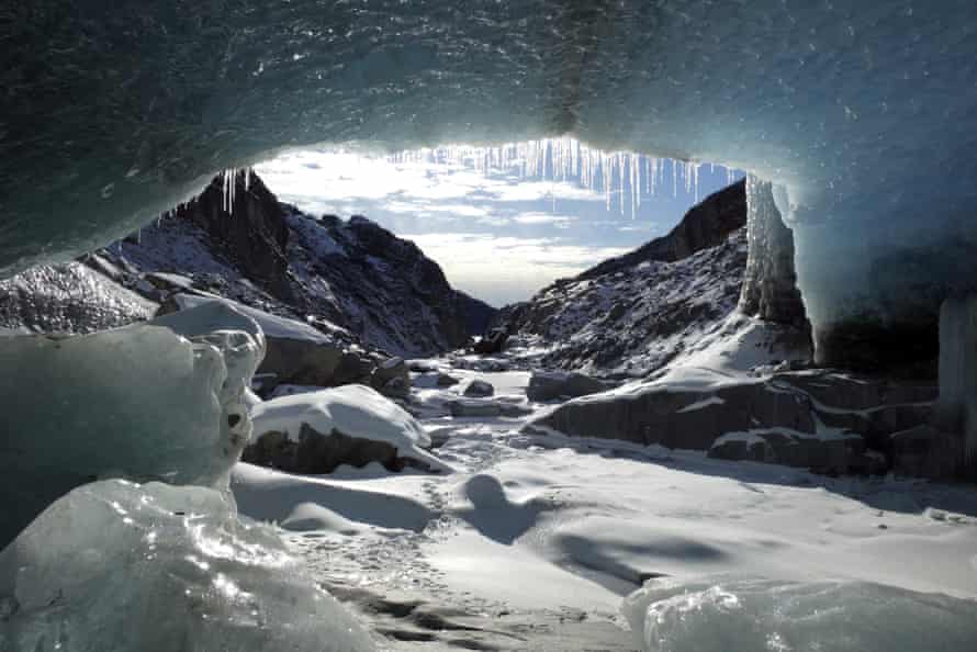 View from a remote ice cave in the Eagle glacier in Juneau, Alaska.