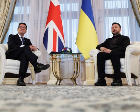 Andy Burnham, left, with Volodymyr Zelenskyy in Ukraine on Monday