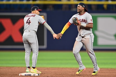 Angel Martínez and Brayan Rocchio celebrate their team’s win over the Rays