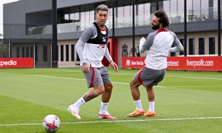 Roberto Firmino in training with Mohamed Salah for Liverpool’s game with Aston Villa on Saturday