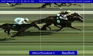 The photo finish showing Samcro pipping Melon at the post to win the Marsh Novice Chase.