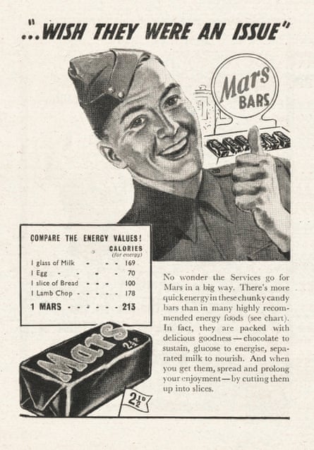 Illustration of a soldier holding a Mars bar, with him quoted as saying "...wish they were an issue"