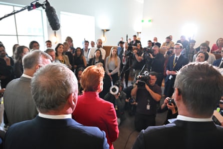 Pauline Hanson speaks to journalists at a press conference in Canberra