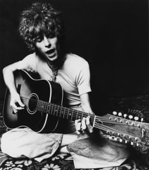 David Bowie plays an acoustic Espana 12-string guitar at the time of the release of Space Oddity in 1969 in London
